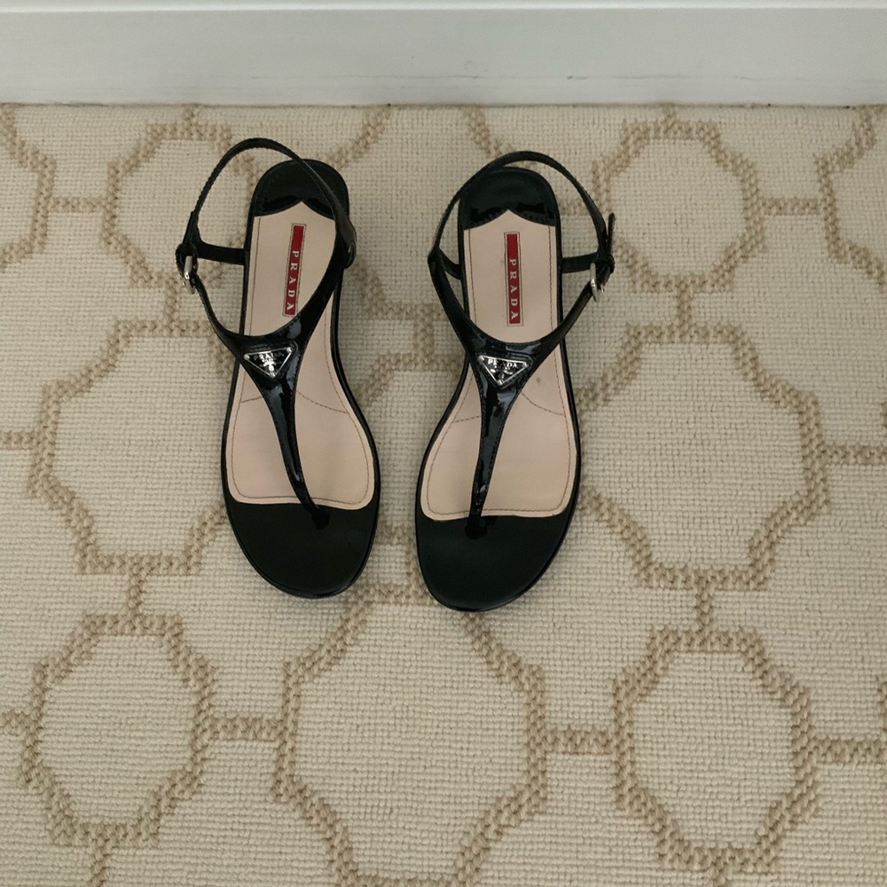 Patent Leather Praded Wedge Sandals - Worn Once